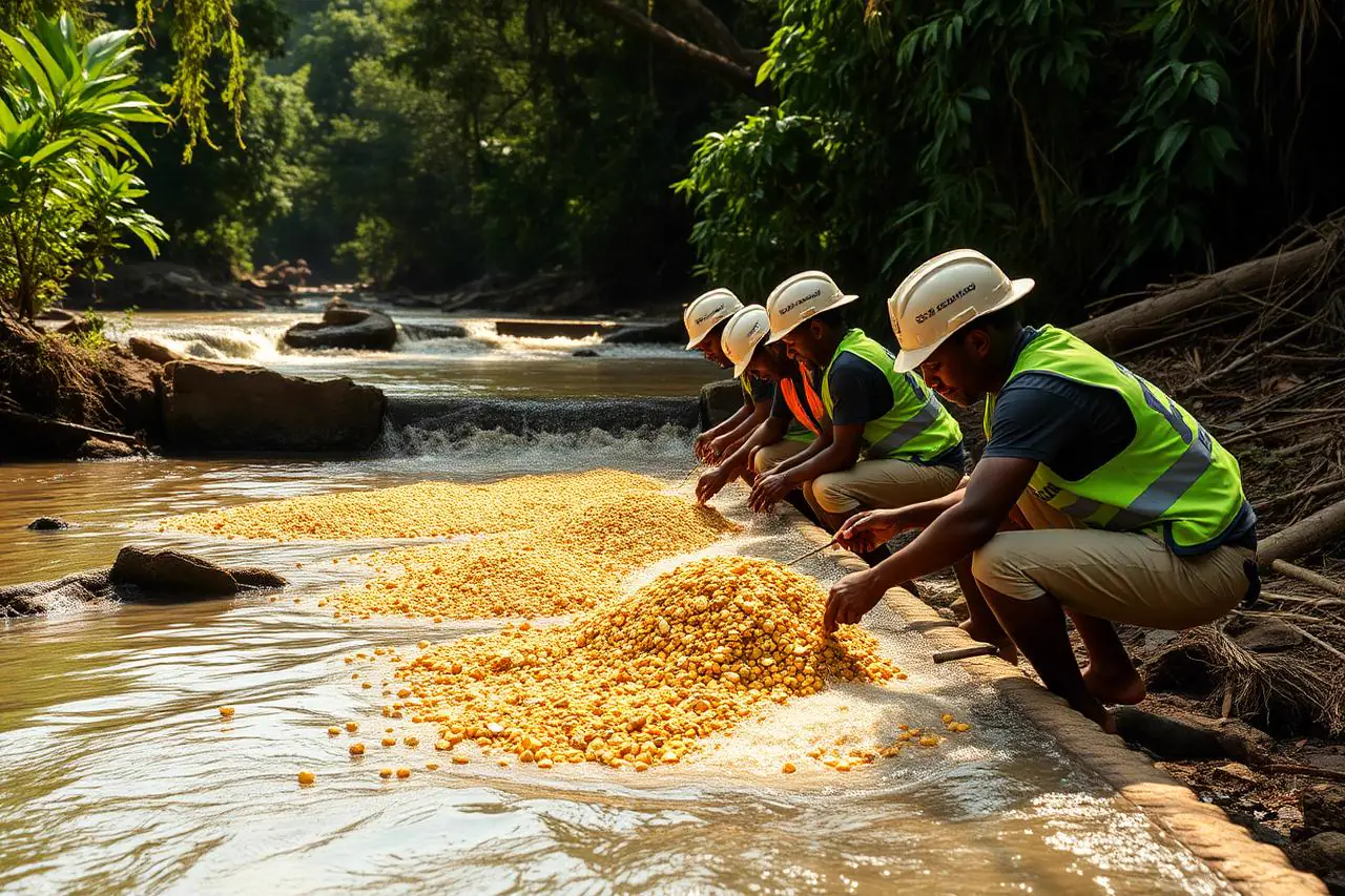 Coopérative d'orpailleurs gabonais au bord de la rivière